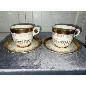 Vintage Sabin Tea Set 22K Gold Trimmed, Rare Mother & Father Cups Saucers set